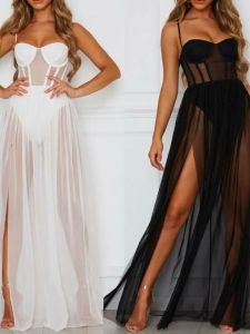 Pure Color Strapless Mesh Dress Womens Solid Color Tube Top Long Sleeveless Skirt European Style Slim Fit Gathered Waist