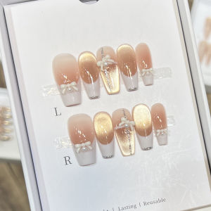 10PCS Women Pink Press on Nails Cat Eye Resin False Nails Handmade French Bow Nails for DIY Nail Manicure Wedding Party Wearing