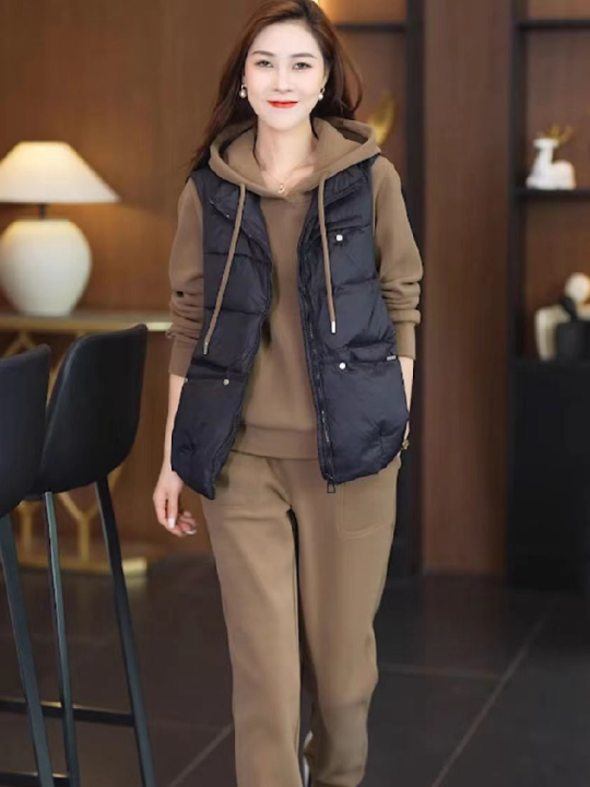 Women's Fleece Lined Loose Thickened Hoodie Set Autumn Winter Sportswear Large Size Whole Set Long Pants Long Sleeve Zipper Closure