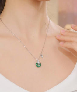 ZHOU LIU FU 周六福 S925 Sterling Silver Chalcedony Necklace Green Peace Buckle Necklace Wheat Ears Cubic Zircon Timeless Jewelry Gift for Women Girl Adjustable Chain 40+5cm J0616264