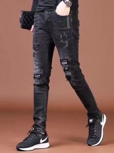Spring Autumn 2025 New Black Hole Denim Jeans Mens Trendy Brand Slim Fit Elastic Korean Version Long Pants Youth Style