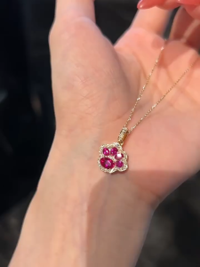 Queensun 18K Gold Paw Print Necklace Pink Gemstone Pendant Halo Diamond Necklace Dainty Pet Necklace Animal Jewelry Gift For Pet Lover Minimalist Choker Women Daily Jewelry Yellow Gold Fine Jewelry
