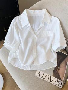 White Short Sleeve Polo Collar Shirt Women Summer Top Breathable Small Size Sun Protection Shirt Commute Style Loose Fit Butterfly Knot