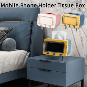 Mobile Phone Holder Tissue Box Retro Desktop TV Shape Heightened Base Double-layer Storage Common For Tissue Rolls