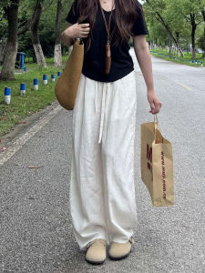 White Linen Wide Leg Pants Women Summer Thin High Waist Slimming Lazy Style Cotton Linen Casual Knife Edge Pants