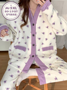 Thickened Pure Cotton Air Cotton Sleepwear Womens Style Autumn Winter plus Size Warmth Inner Layer Set Long Sleeve V-Neck