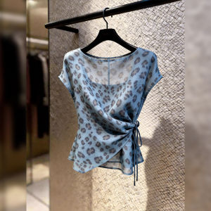Leopard Print Summer Short Sleeve Waist Cinching Blouse