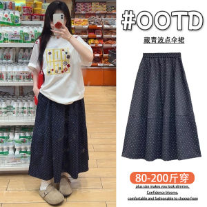 Váy Chữ a Cạp Cao Họa Tiết Chấm Bi Màu Xanh Lam Cho Nữ Mùa Hè Váy Midi Cỡ Lớn Váy Xếp Ly Rộng Rãi Váy Công Sở Phong Cách Hàn Quốc