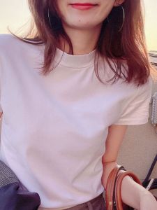 White Slim Fit Cotton T-Shirt Womens Short Sleeve High Collar Bodycon Base Layer Top Korean Style round Neck Spring Fashion