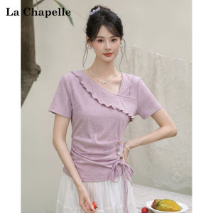 La Chapelle | Bow Tie Purple Short Sleeve T-shirt Feminine Flared Collar Slim Fit