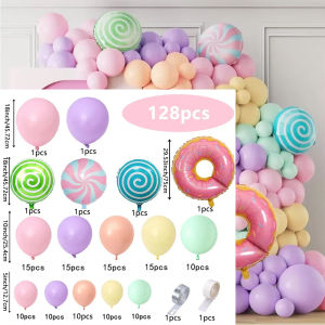 128PCS Candy Donut Rainbow Balloon Garland Arch Set Birthday Party Anniversary Graduation Indoor and Outdoor Room Decoration