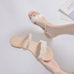 Womens Summer Outdoor Slip-On Fashionable Flat Bottom Pearlescent Anti-Slip Slippers Versatile Casual Sandals Comfortable Flats