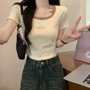 Áo Thun Nữ Tay Ngắn in Chữ Thời Trang Mùa Hè Dáng Ôm Cổ Màu Tương Phản Đa Năng Cổ Tròn Ngắn Chất Liệu Khác Phong Cách Công Sở