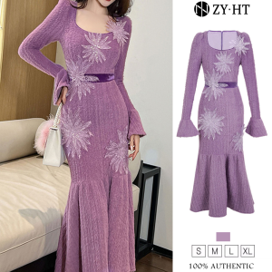 ZYHT EraVogue Women's Purple Flared Sleeve Fishtail Dress: A Vintage Event Party French Style Dress 21003