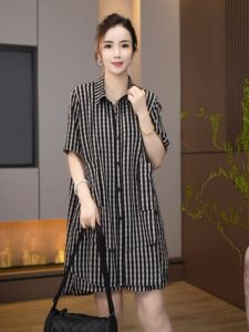 High-End Mom Summer New Plaid Shirt Set Women Short Sleeve Loose Slimming Midi Size Large Casual Set Fashionable Ensemble