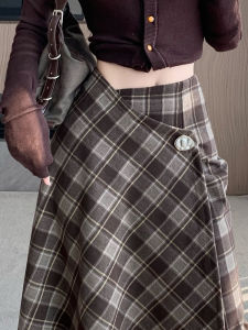 Brown Maillard Woolen Gingham Skirt Womens Fall and Winter High Waist Slim Looking A- line Irregular Casual Big Hem Umbrella Skirt