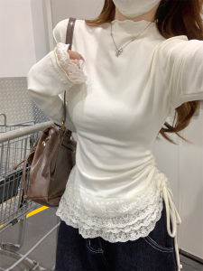 Elegant Lace Wood Ear Edge Half High Neck Long Sleeve T-Shirt