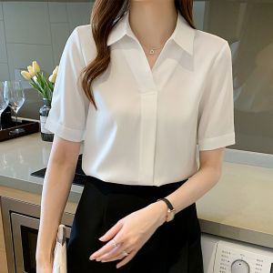 White Short Sleeve Shirt Womens Formal Commute Interview Suit Professional Workwear Straight Cut Korean Style POLO Collar