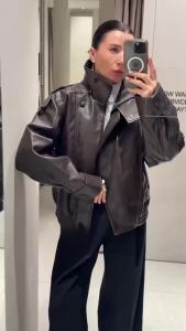 Faux Leather Vintage Stand Collar Moto Jacket Lady Long Sleeve Thick Solid Oversized 2026 Spring Autumn Fashion Short Outwear