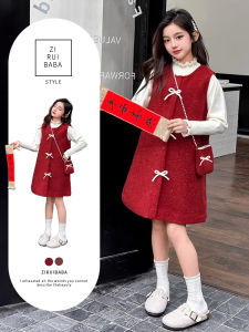 New Year Girls Red Fragrance Style Dress Set Autumn Winter Thickened Cotton Polyester Princess Skirt Long Sleeve round Neck