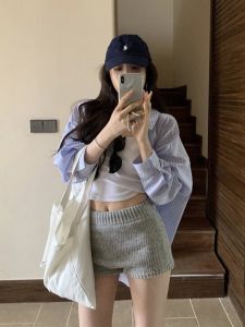 กางเกงขายาวทรงหลวมผ้าถักสีเทาสำหรับผู้หญิง ฤดูร้อน 2025 กางเกงขาสั้นทรงเข้ารูปเอวสูง ทรงเข้ารูปเซ็กซี่ ทรงเข้ารูป เอวสูง กางเกงขายาวทรงหลวม