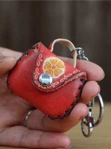 Red Top Layer Cowhide Mini Storage Bag Car Keychain Coin Earphone Hanging Ornament Handbag Accessories Other Brand