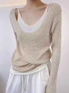 เสื้อถักแขนยาวคอวีเปิดไหล่สองชิ้นสำหรับผู้หญิงในฤดูใบไม้ร่วง เสื้อชั้นในแขนยาวคอวีเปิดไหล่สำหรับผู้หญิง เสื้อคลุมกันหนาวแบบสวมหัว