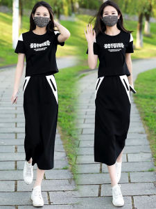 Casual Sportswear Set Womens Summer Fashionable Skirt Two-Piece Suit Anti-Aging Design Sensation Short Sleeve round Neck