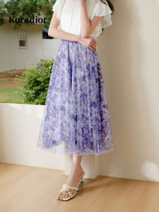 Koradior | Romantic Print Purple Skirt Mid-Length