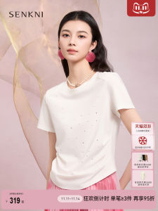 Silk Cool Feeling T-Shirt Senkni Saint Conny Shoulder Diamond Embellished Slim Fit Short Sleeve round Neck Summer New Arrival