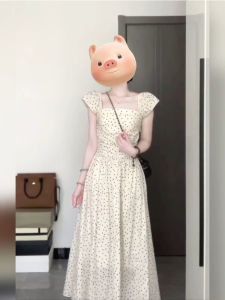 Xzy Plus Size Ladies French Sweet Flying Sleeve Polka Dot Dress Womens Summer Square Collar Slimming Elegant Long Dress
