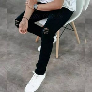 Celana Jeans Pria Sobek Lutut Warna Hitam Pekat Stretch Size 28-36