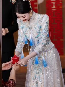 Light-Colored New Chinese Style Wedding Dress Thin Summer Blue Bridegown Traditional Cheongsam Style Marriage Ceremony Gown
