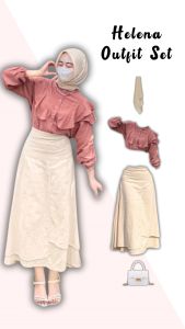 Outfit Remaja 3in1: Blouse Ruffle & Rok Susun Lapis & Hijab & Kalung Aesthetic