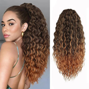 Curly Ponytail Extension Synthetic Drawstring Ponytail for Women 16Inch Long Curly Wavy Clip in Hairpiece for Daily Party