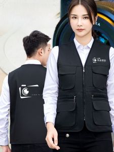 Workwear Vest Printed Logo Director Journalist Multi-Pocket Utility Fashion Urban Style Polyester Fiber Zipper Closure V-Neck