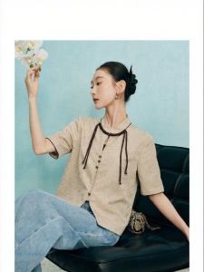 SUSHE | Luxurious and Refined Textured Lace Spun Linen Handmade 5/8 Sleeve Mandarin Collar Cropped Jacket
