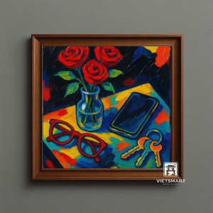Tranh Nghệ thuật "Hoa Hồng Chìa Khóa Điện Thoại Và Kính" VIETSMART ART - Sơn dầu 40 x 40cm