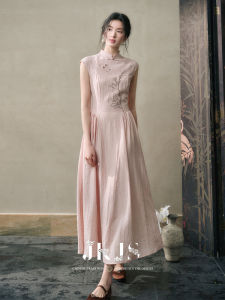 JK＆JS | New Chinese Style Silk Linen Dress Womens Summer Sleeveless High Waist Qipao Dress Embroidered High Collar Citywalk Casual