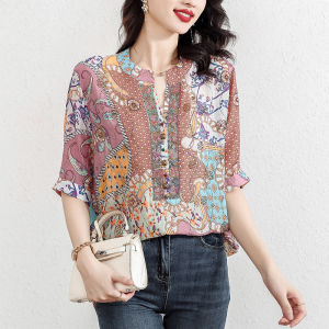 Áo Sơ Mi Vải Lụa Cotton Cỡ Lớn Thời Trang in Họa Tiết V-neck Áo Chống Nắng Mùa Hè 2025 Áo Sơ Mi Công Sở Thường Ngày