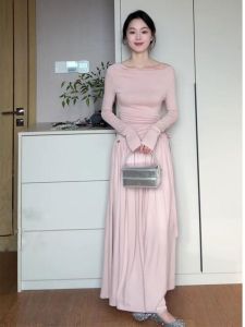 Váy Dài Xếp Ly Màu Hồng Thanh Lịch Kiểu Pháp Dành Cho Nữ Mùa Xuân 2025 Váy Dài Chữ a Cạp Cao Tay Dài Thường Ngày