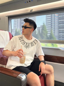 American Style High Street Mens Short Sleeve T-Shirt Summer Casual Loose Heavyweight Pure Cotton Breathable round Neck Top