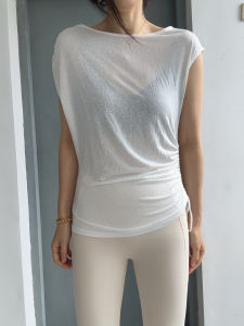 Quick Dry Long Yoga T-Shirt Womens Fitness Clothing Breathable Moisture Wicking Running Marathon Short Sleeve Drawstring Slimming Long T-Shirt