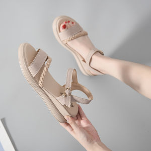 รองเท้าแตะส้นหนาสำหรับผู้หญิงไซส์เล็ก สวมใส่สบาย แฟชั่นฤดูร้อน รองเท้าแตะแบบมีสายรัดข้อเท้า สไตล์เกาหลี รองเท้าแตะพื้นยาง