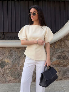 Fashion Casual Chic Puff Sleeve T-Shirts For Women 2026 Spring Summer O Neck Solid Straight Tops