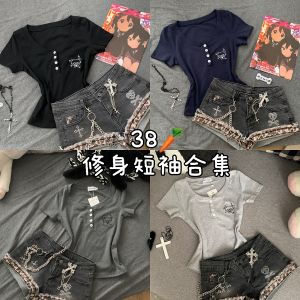 Áo Thun Cổ Chữ V Tay Ngắn Thêu Hình Mèo Dễ Thương Cho Nữ Mùa Hè Áo Thun Cotton Ôm Vừa Vặn Phong Cách Đường Phố Thường Ngày