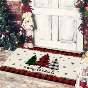 VIKAMA Farmhouse Christmas Door Mat Gnome Snowman Reindeer Plaid Print Anti Slip Rug For Entryway Indoor Outdoor Xmas Decor