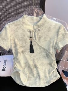 Retro Chinese Style Short Sleeve T-Shirt Womens Summer New Folded Waist Cinching Short Length Dyed Top Korean Style Commute