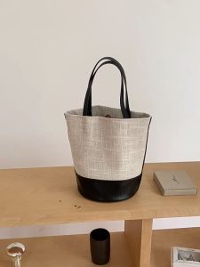 🇲🇾Ready Stock🇲🇾Korean Handbag Summer Womens Canvas Color Matching Bucket Bag Commuting Large Capacity Single 水桶简约包