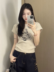 YUEZHONGWEI | Retro American Cat Print Round Neck Short Sleeve T-Shirt Women Summer Slim Fit Short Style Top Comfortable Breathable Sweat Absorbent